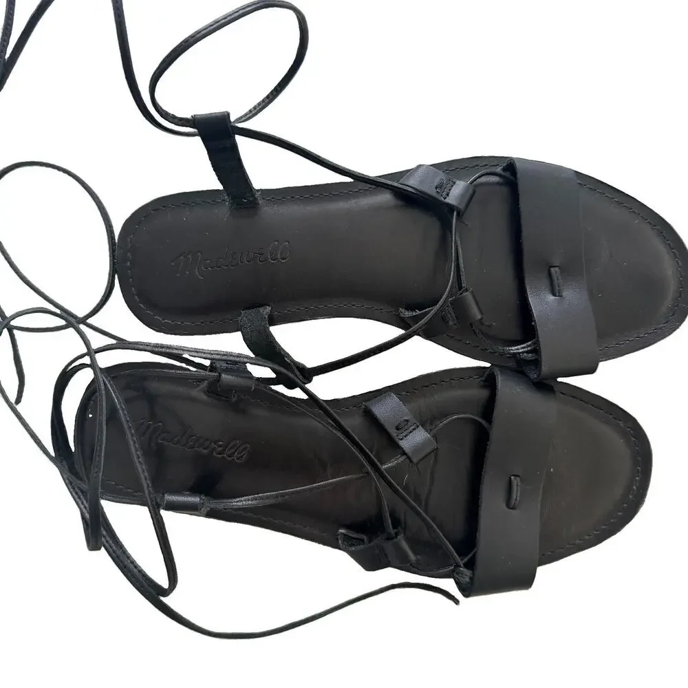 Madewell Black Wrap Around Women’s Leather Sandals 7 Boho Preppy - Picture 3 of 7